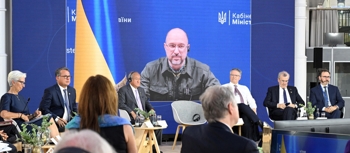 El primer ministro ucraniano, Denys Shmyhal, compareció telemáticamente en la  reunión del G7 en Alemania