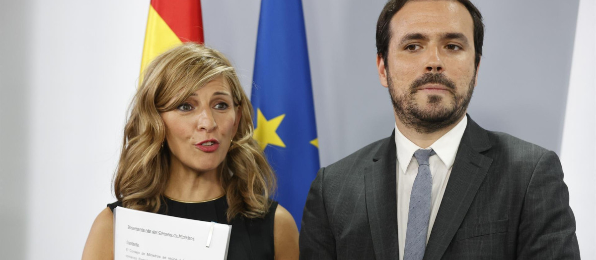 Yolanda Díaz y Alberto Garzón, en la rueda de prensa posterior al Consejo de Ministros celebrado el pasado martes