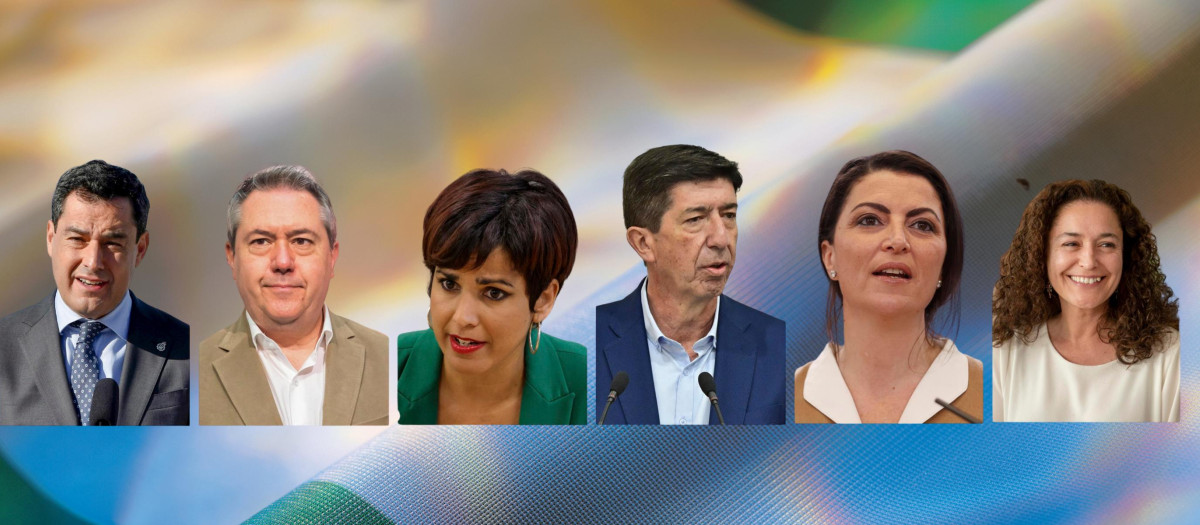 Los candidatos a las elecciones de Andalucía, de izquierda a derecha: Juanma Moreno (PP-A), Juan Espadas (PSOE-A), Juan Marín (Cs), Inmaculada Nieto (Por Andalucía), Macarena Olona (Vox) y Teresa Rodríguez (Adelante Andalucía)
