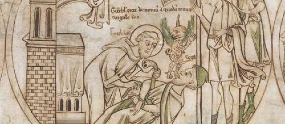 San Guthlac realiza un exorcismo con su cinturón - British Library