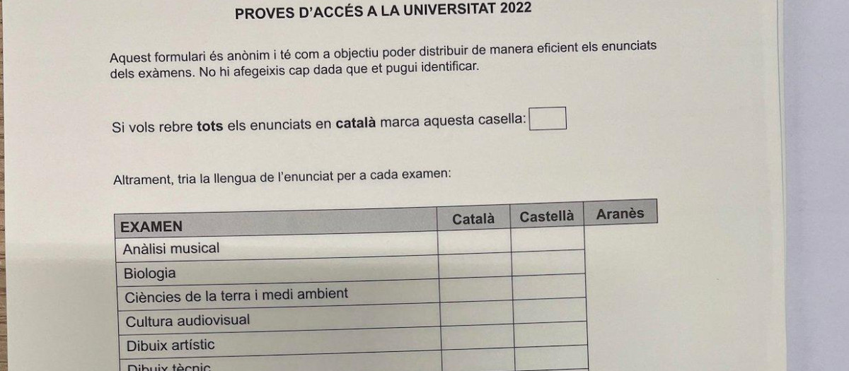 Formulario de recepción de las pruebas de acceso a la universidad 2022 en Cataluña, donde los alumnos disponen de una única casilla para hacerlos en catalán