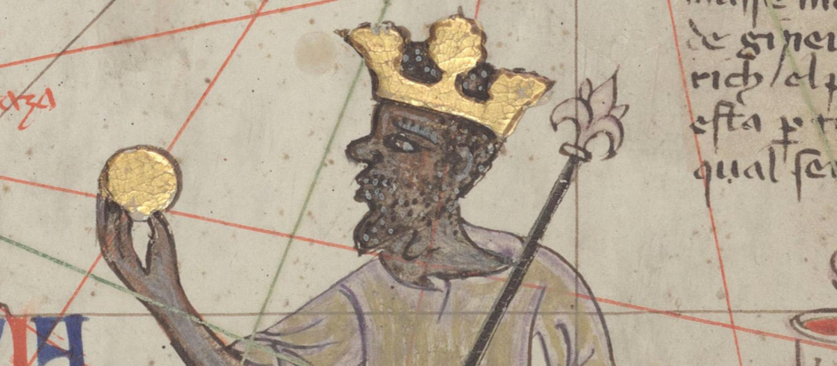 Musa representado sosteniendo una pepita de oro en el Atlas Catalán de 1375
