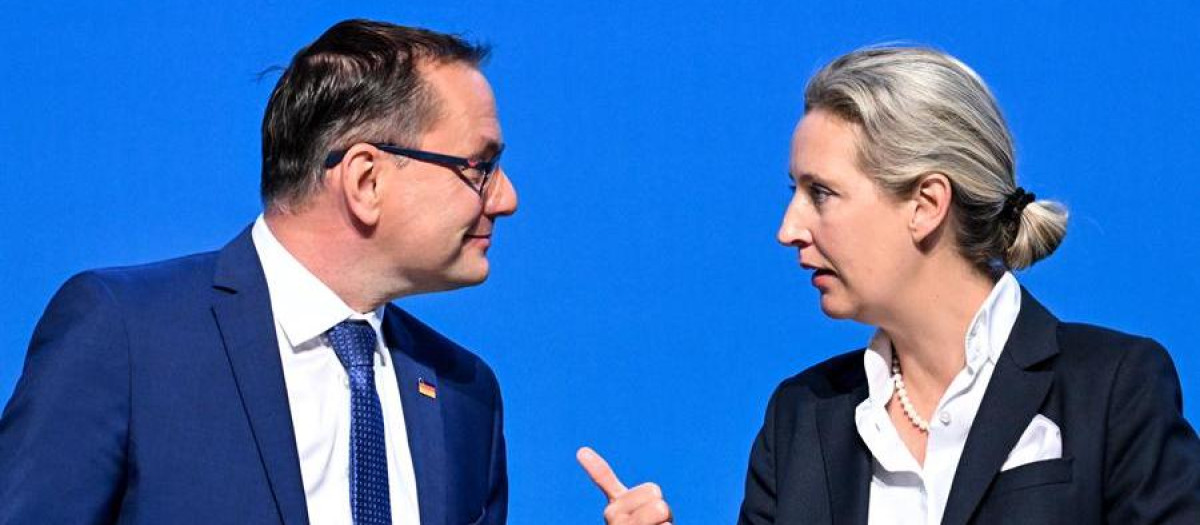 Tino Chrupalla (L) and Alternative for Germany (AfD) deputy chairwoman Alice Weidel