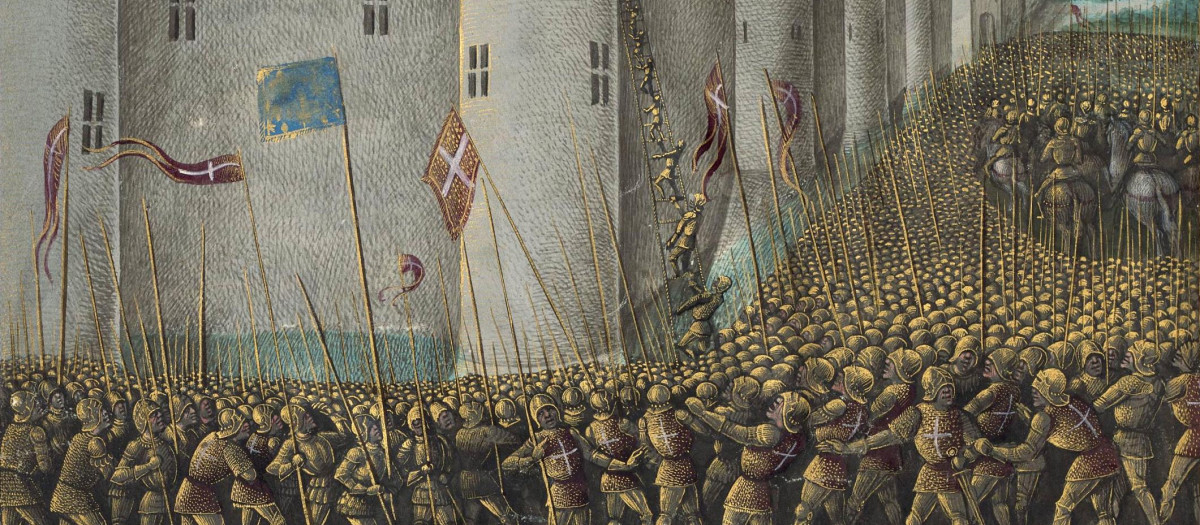 Representación del asedio de Antioquía durante la primera cruzada en una miniatura medieval (Jean Colombe)