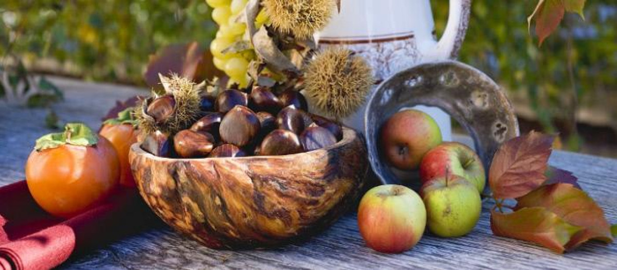 Bodegón otoñal con uvas, manzanas, caquis y castañas