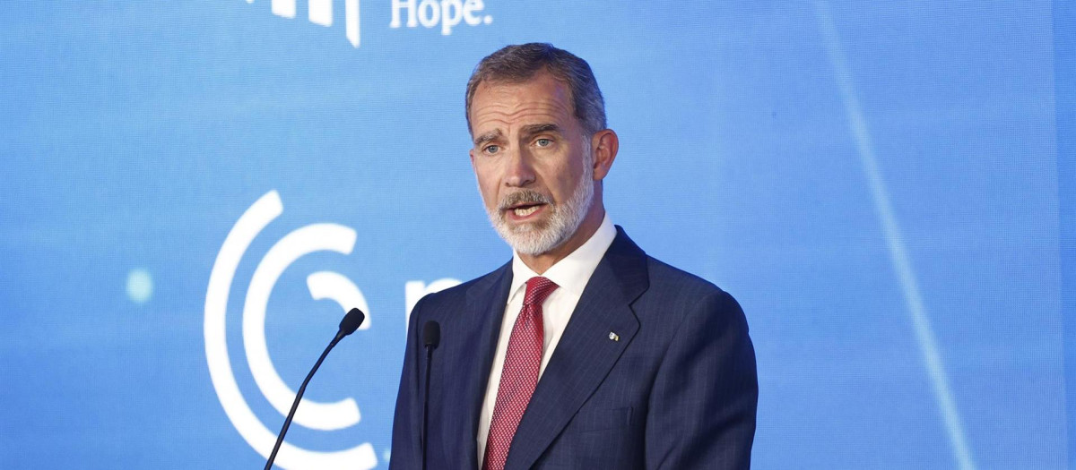 Felipe VI, durante su intervención en el Seminario del Foro público de la OTAN, celebrado este martes en Madrid