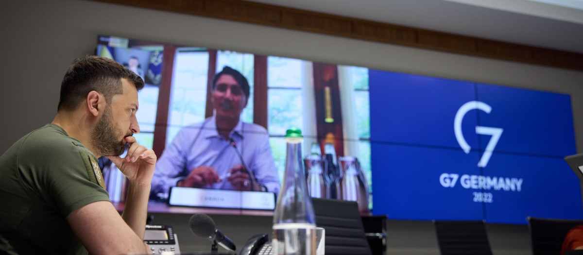 El presidente ucraniano, Volodímir Zelensky se une a través de un enlace de video a la reunión de líderes del G7 en Alemania