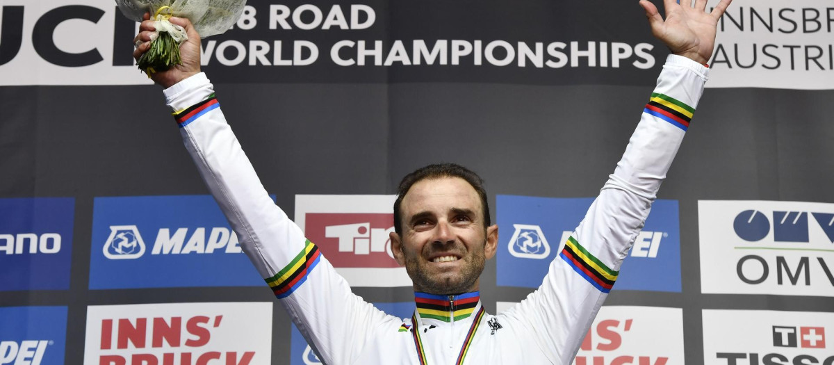 Alejandro Valverde, celebrando una victoria, en una imagen de archivo