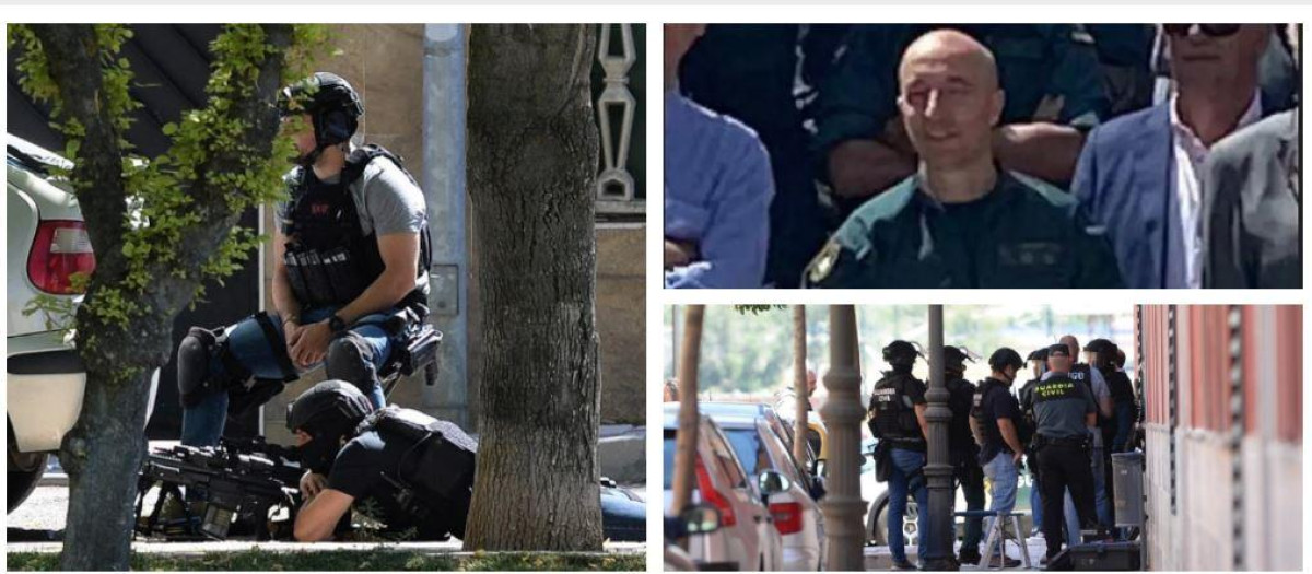 Dos momentos del despliegue de la Guardia Civil en Santovenia e imagen del teniente coronel