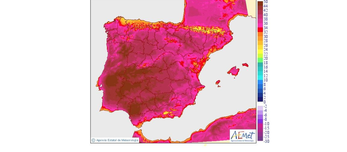 Mapas de temperaturas extremas previstas y de sus variaciones respecto al día anterior (14/07/2022)