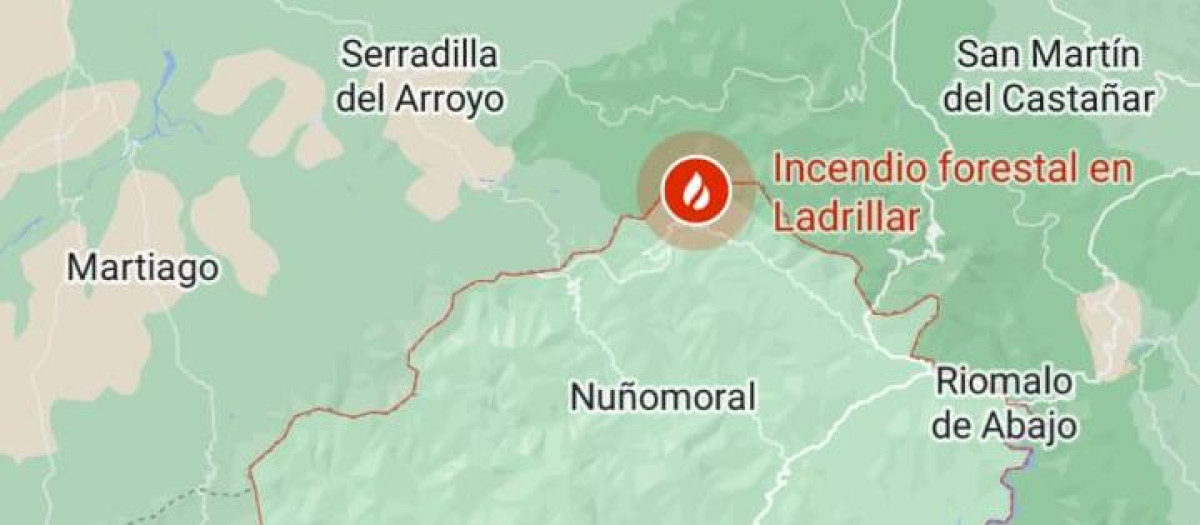 Imagen de la alerta por incendio forestal mostrada por Google Maps en Las Hurdes