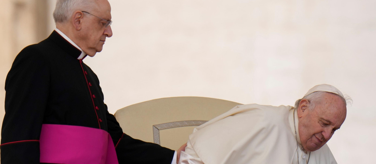 Pope Francis at the end of his weekly general audience in St. Peter's Square, at the Vatican, Wednesday, April 20, 2022. *** Local Caption *** .