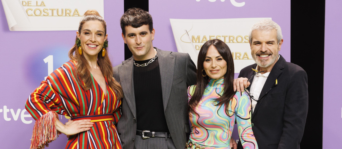 Presenter Raquel Sanchez Silva and designers Palomo Spain, Lorenzo Caprile ands Maria Escote at photocall for presentation tv show “ Maestros de la Costura “ three season in Madrid on 21 January 2022