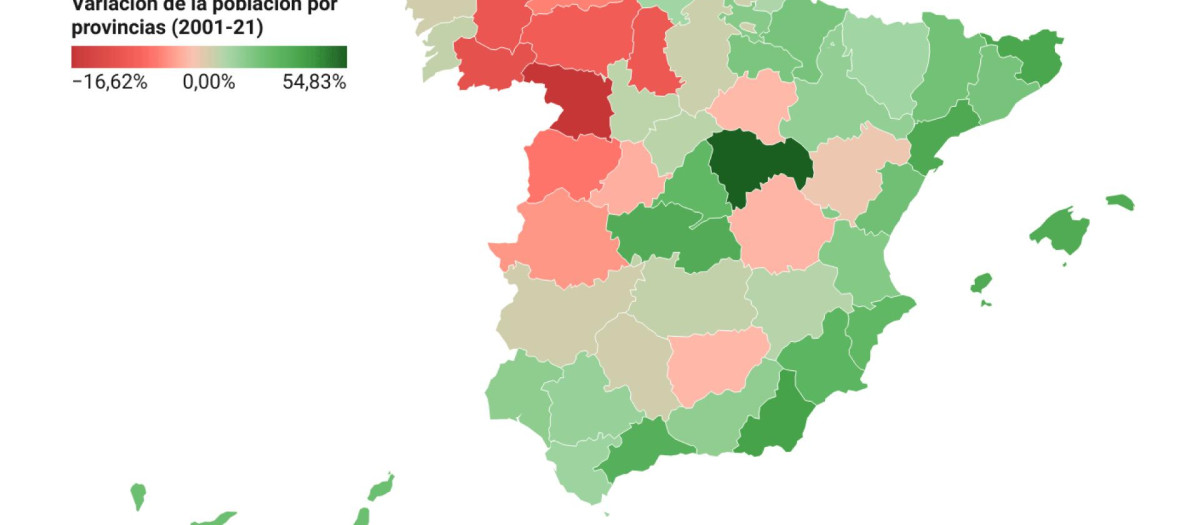 El litoral mediterráneo y Madrid registran los mayores aumentos de población en los últimos 20 años, mientras que el noroeste peninsular pierde habitantes