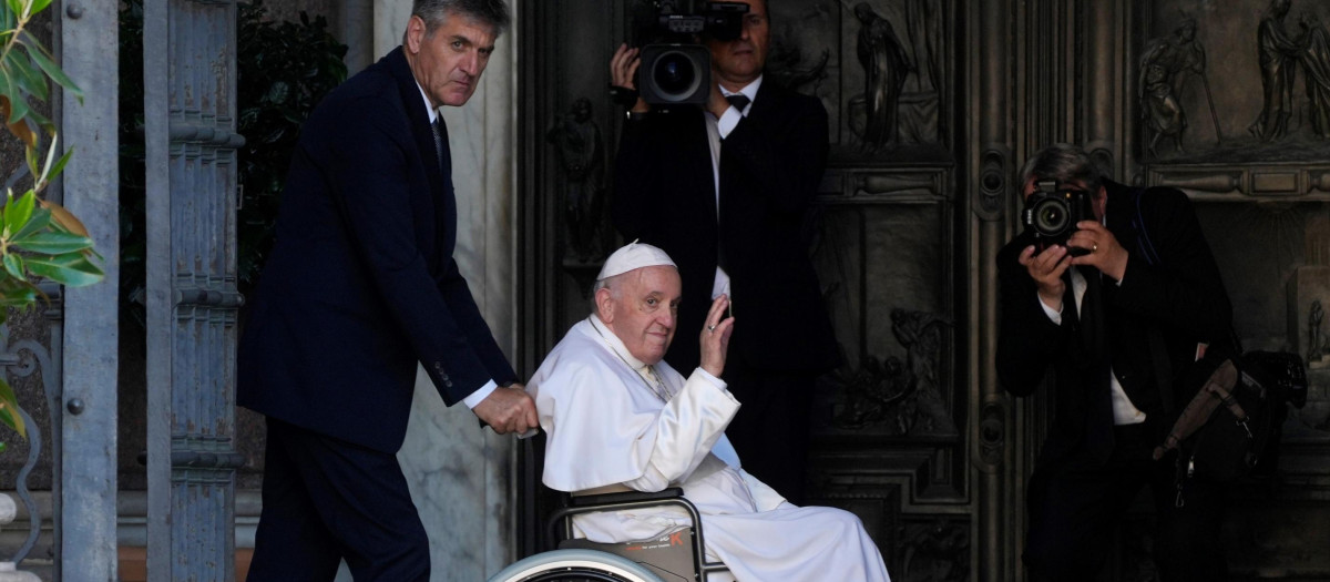 Pope Francis greets faithful in Rome, Tuesday, May 31, 2022.