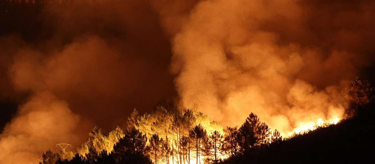 Vista del incendio que arrasa los alrededores de la localidad de Campobecerros, Orense.