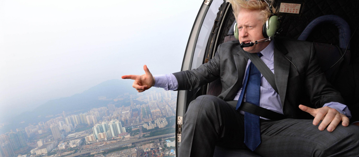 Mayor of London Boris Johnson takes a helicopter ride over Hong Kong as part of week long visit to China to promote trade between the far east and London.