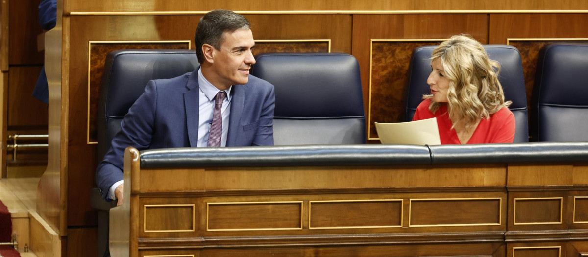 Pedro Sanchez and Yolanda Diaz during nation debate at the Spanish Parliament in Madrid on Thursday, 14 July 2022.