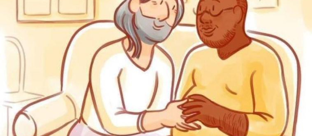 El cartel muestra a un hombre embarazado y a una mujer mayor con barba