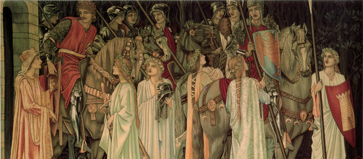 El armamento y la salida de los Caballeros, uno de los tapices del siglo XIX con el tema del Santo Grial de Edward Burne-Jones , William Morris y John Henry Dearle