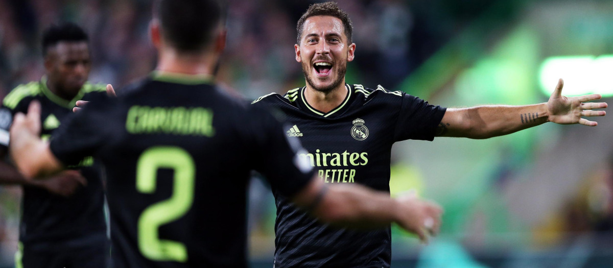 Hazard celebra el tercer gol del Real Madrid en Glasgow