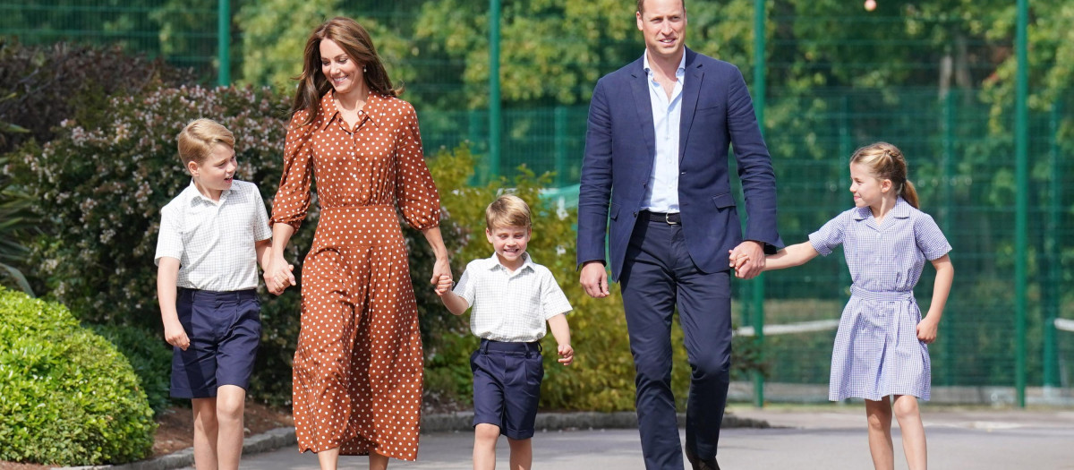 Prince George, Princess Charlotte and Prince Louis, accompanied by their parents the Duke and Catherine Duchess of Cambridge, arrive for a settling in afternoon at Lambrook School, near Ascot in Berkshire.