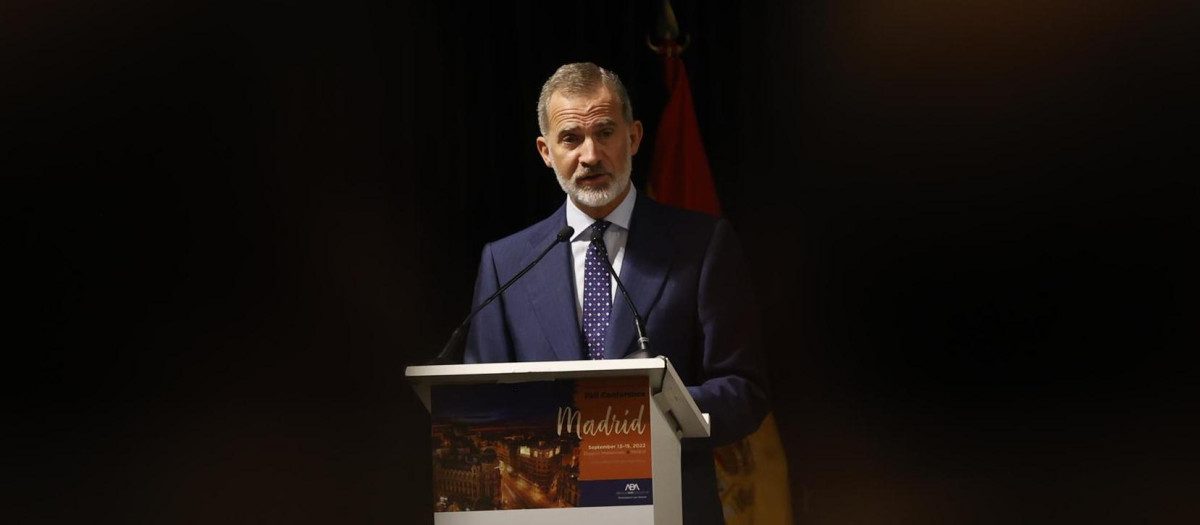 El rey Felipe durante su intervención en la inauguración del Congreso Internacional de abogados “Madrid 2022 fall meeting”