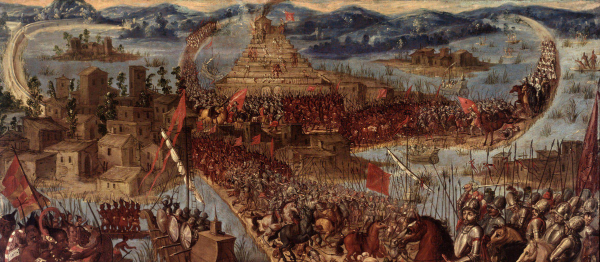 "Conquista de México por Cortés". El sitio de Tenochtitlan por el conquistador español Hernán Cortés, durante la Conquista de México
