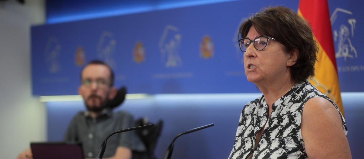 El portavoz de Podemos en el Congreso, Pablo Echenique, y la portavoz de Sanidad de Podemos en el Congreso, Rosa Medel, intervienen en una rueda de prensa en el Congreso de los Diputados