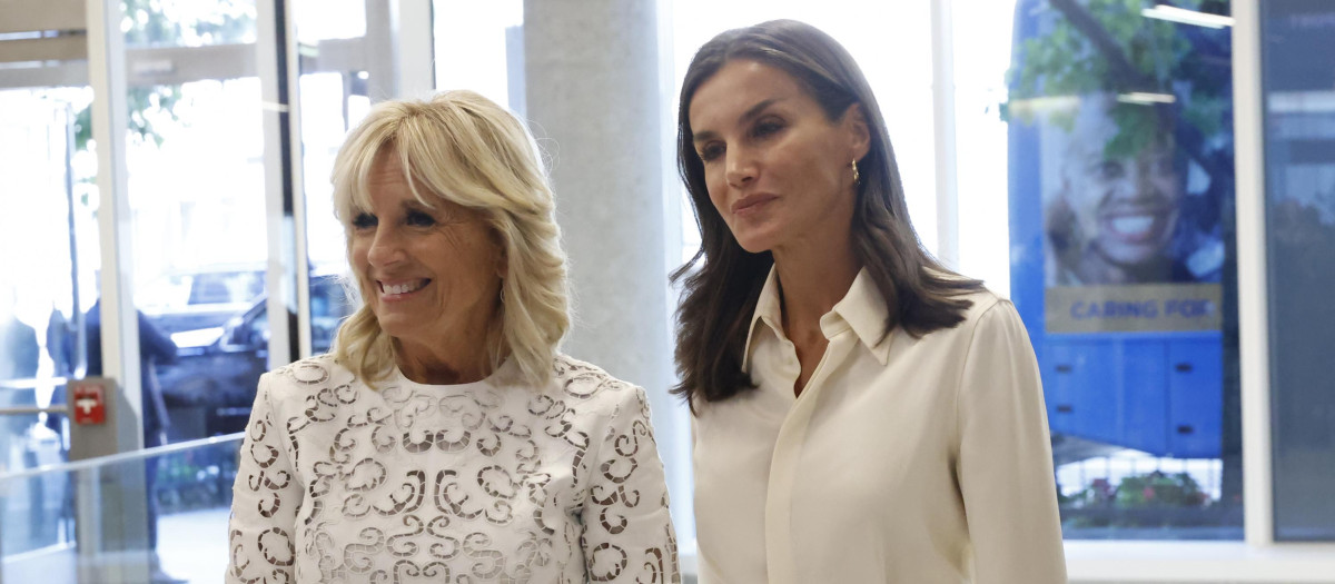 Spain's Queen Letizia during a meeting with U.S. first lady Jill Biden at ColumbiaUniversity on Wednesday, Sept. 21, 2022 in New York. Both women are advocates for cancer patients.