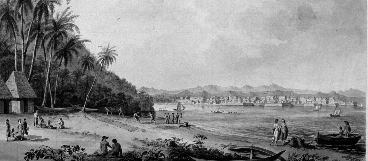 Visita de la ciudad de Panamá desde la isla de Naos. Dibujo a tinta y aguada