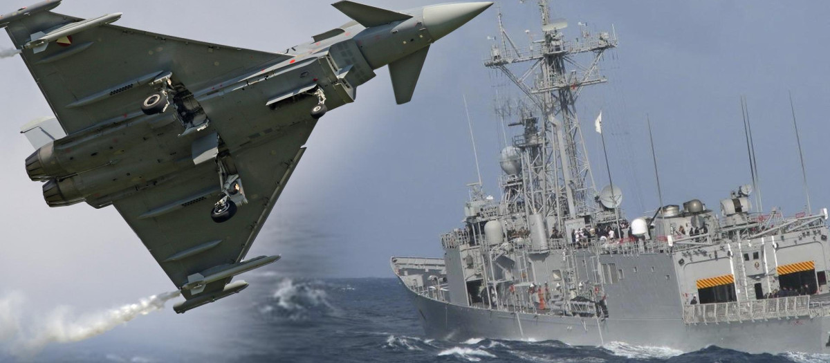 Fotomontaje de un Eurofighter y la Fragata Canarias (F-86)
