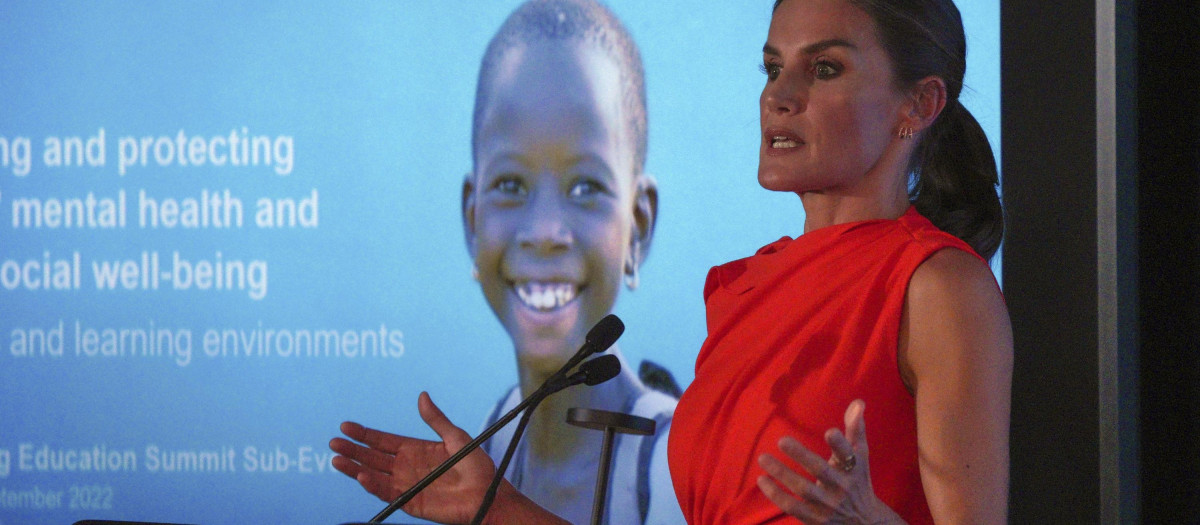 Queen Letizia in UNICEF's education summit promoting mental well-being in schools, Tuesday, Sept. 20, 2022, in New York.