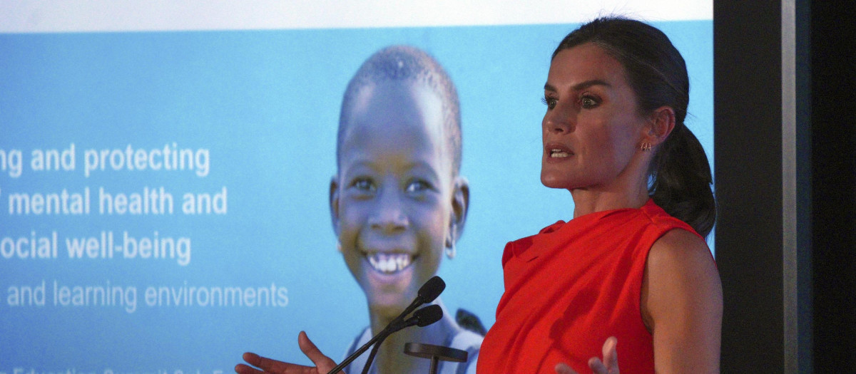 Queen Letizia in UNICEF's education summit promoting mental well-being in schools, Tuesday, Sept. 20, 2022, in New York.