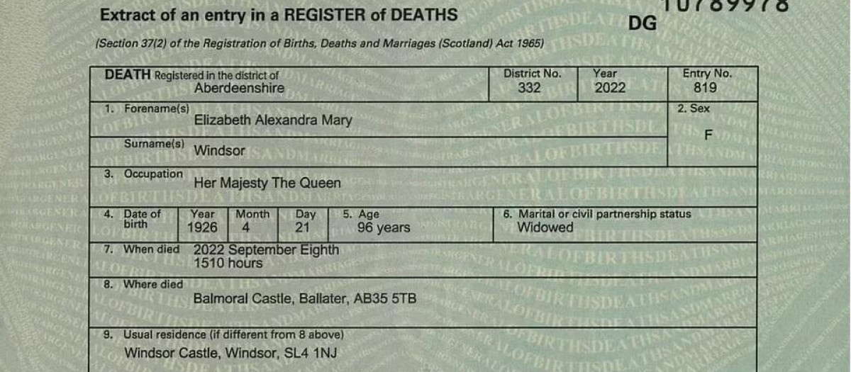 Certificado de defunción de Isabel II