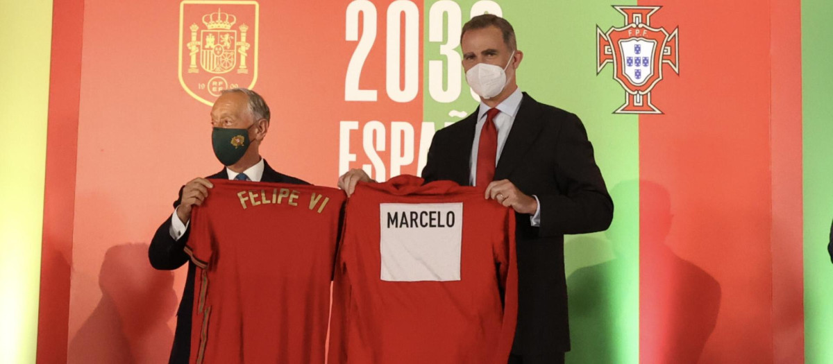 El Rey Felipe VI y el Presidente Marcelo Rebelo en la presentación de la candidatura Ibérica para el Mundial 2030