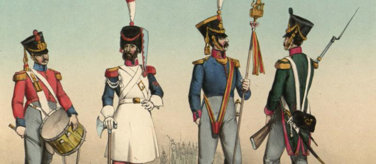 Soldados de infantería del trienio liberal. El leonífero el segundo de la derecha