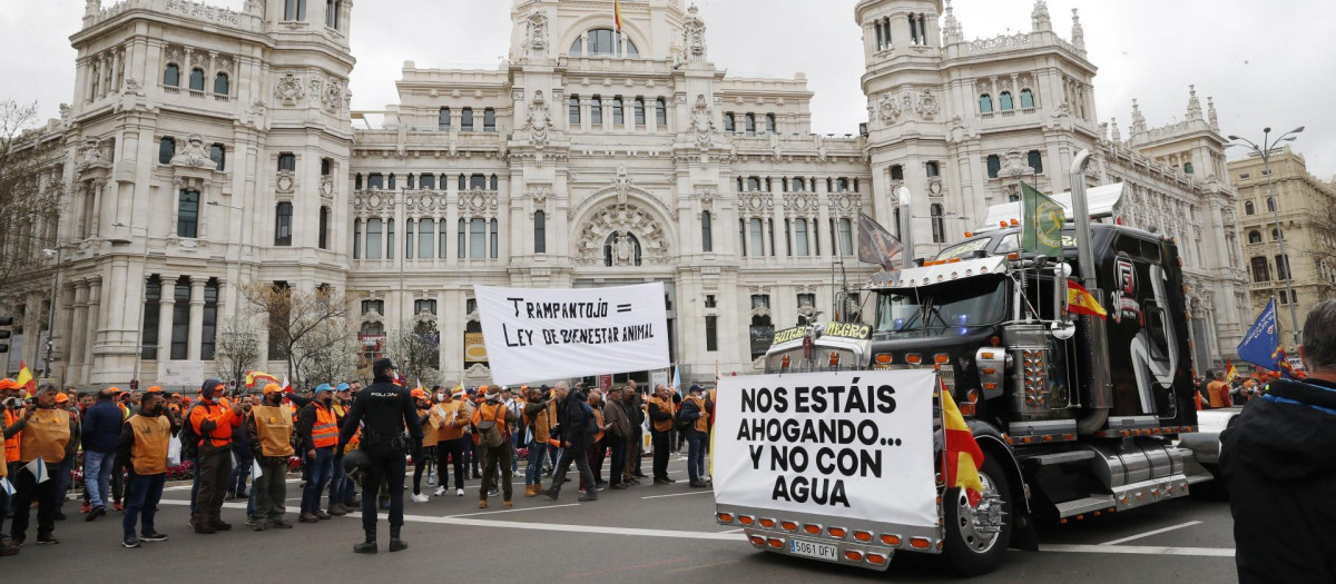 Camiones y tractores han rodado por la plaza de Cibeles