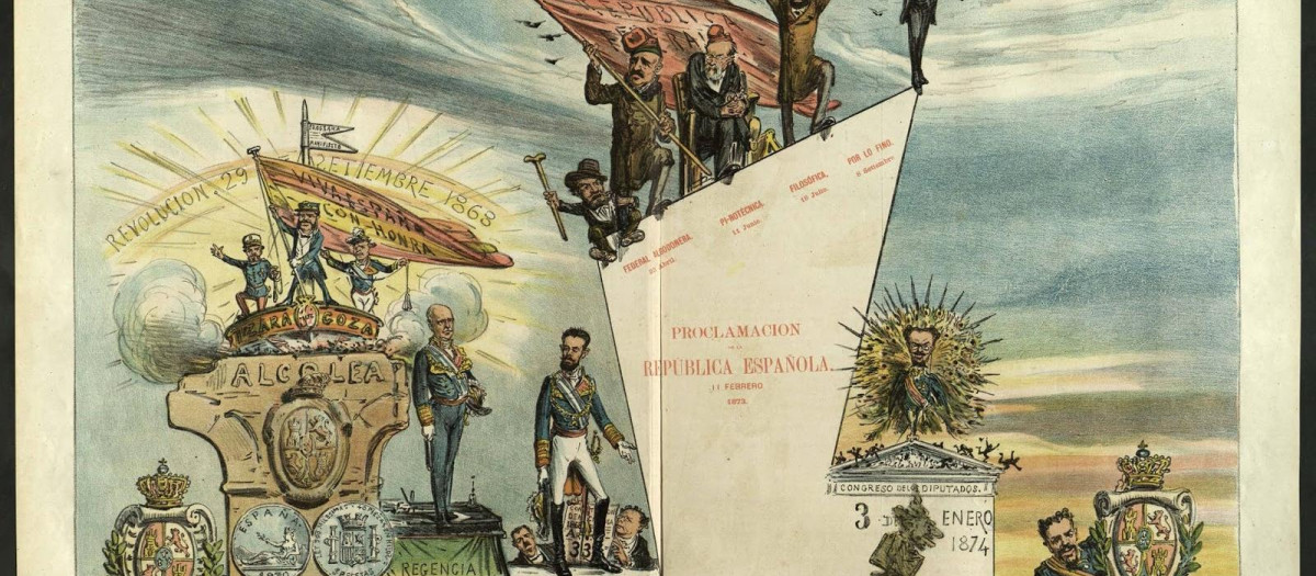 Caricatura de 1874 publicada en La Flaca sobre las etapas del Sexenio Democrático