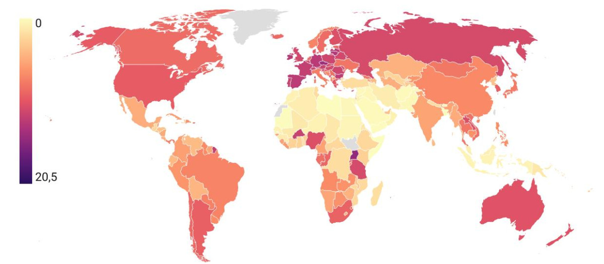 Mapa del consumo de alcohol per cápita en el mundo