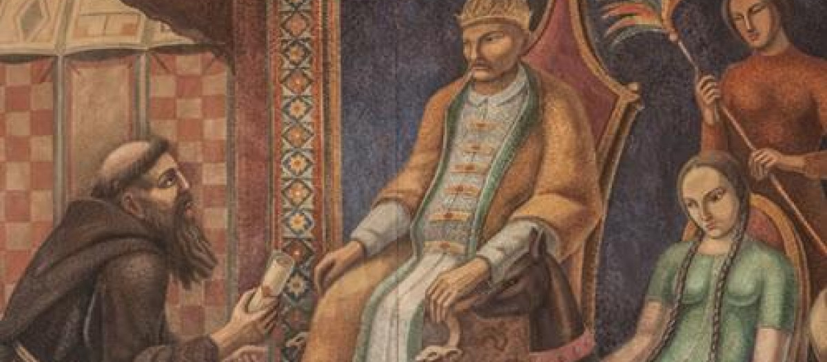 Dibujo de Giovanni da Pian del Carpine reuniéndose con el Gran Khan del Imperio Mongol