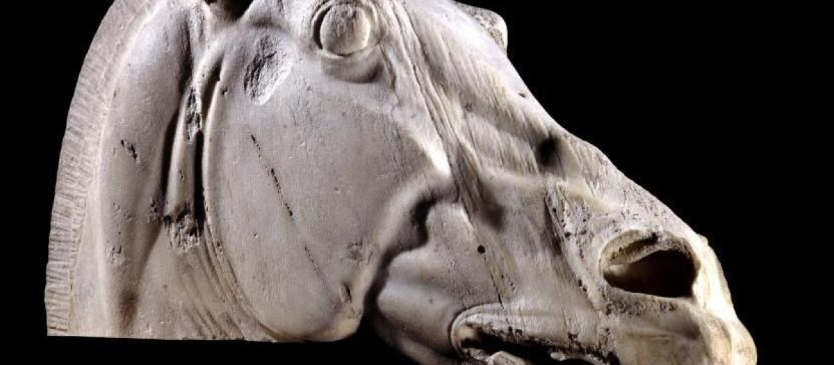 La escultura de la cabeza de un caballo del Partenón