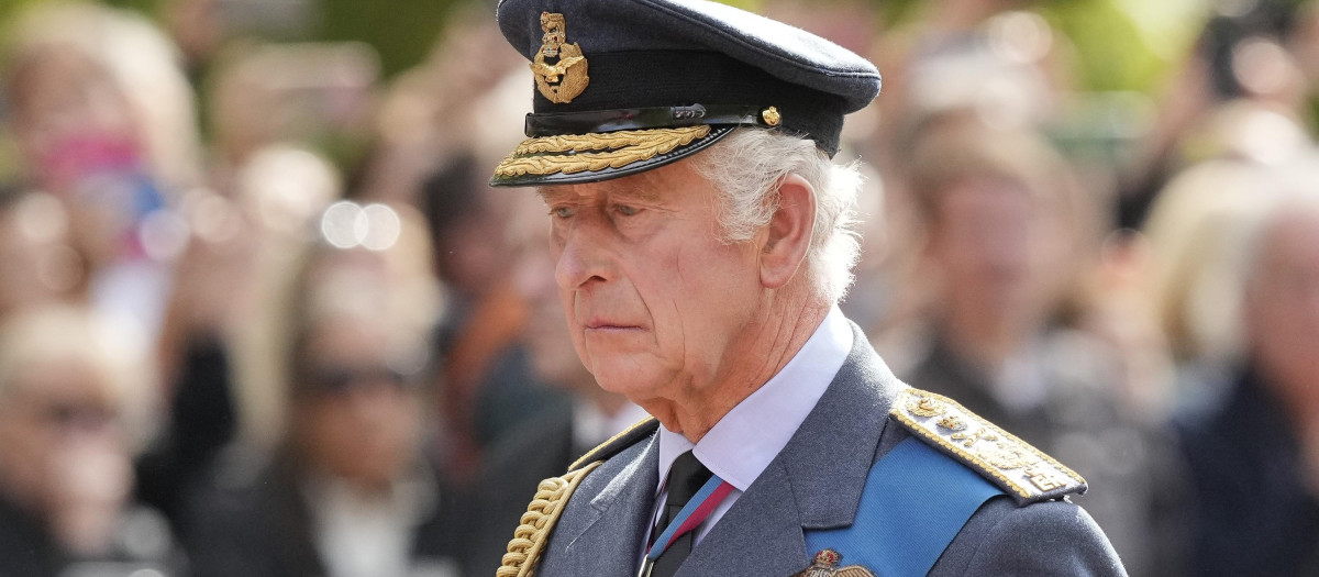 Britain´s King Charles III during transfer of Queen Elizabeth II's remains from BuckinghamPalace to WestminsterHall, London on September 14, 2022.