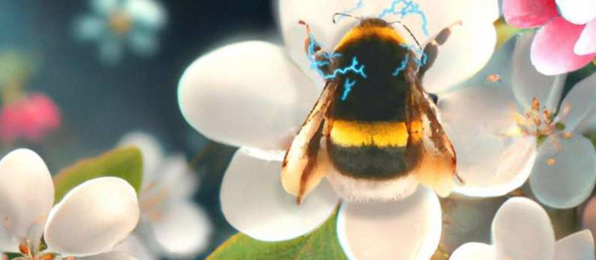 Ilustración artística de un abejorro interactuando con una flor