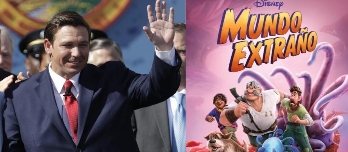 El gobernador de Florida, Ron DeSantis, y el cartel de la película de Disney 'Mundo Extraño'