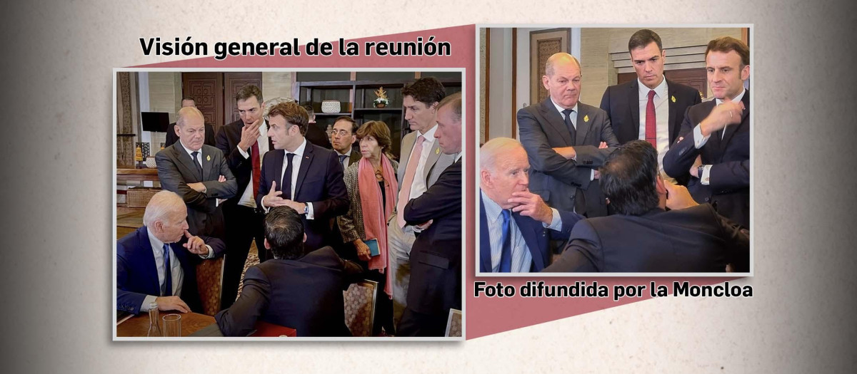 Montaje que muestra las diferencias entre la reunión y la fotografía difundida por Sánchez y Moncloa