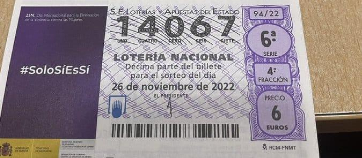 Publicidad institucional con el eslogan #SoloSíEsSí en el diseño del décimo de lotería nacional previsto para el próximo 26 de noviembre