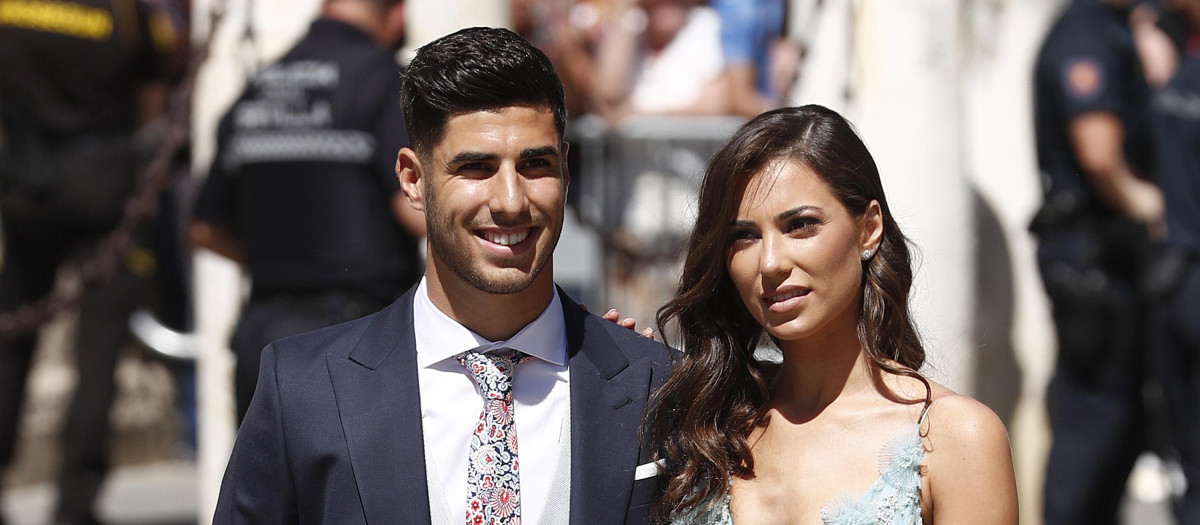 Soccerplayer Marco Asensio and  Sandra Garal during the wedding of Sergio Ramos and Pilar Rubio in Seville on Saturday, 15 June 2019.