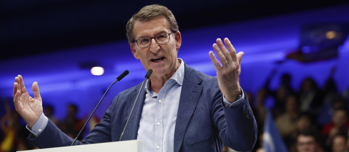 El líder del PP, Alberto Núñez Feijóo, durante el acto bajo el lema "En defensa de un gran país", este sábado en Madrid.