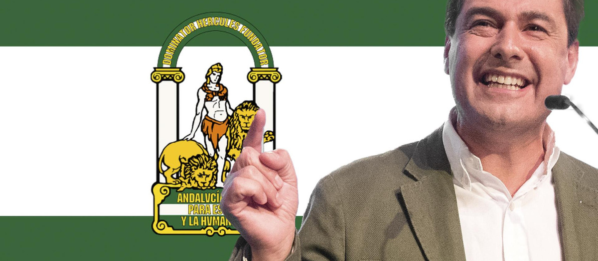 Fotomontaje de Juanma Moreno, con la bandera de Andalucía